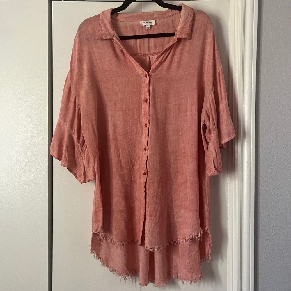 Umgee USA Button Down Tunic Top Raw‎ Hem Bell Sleeve Pink Medium